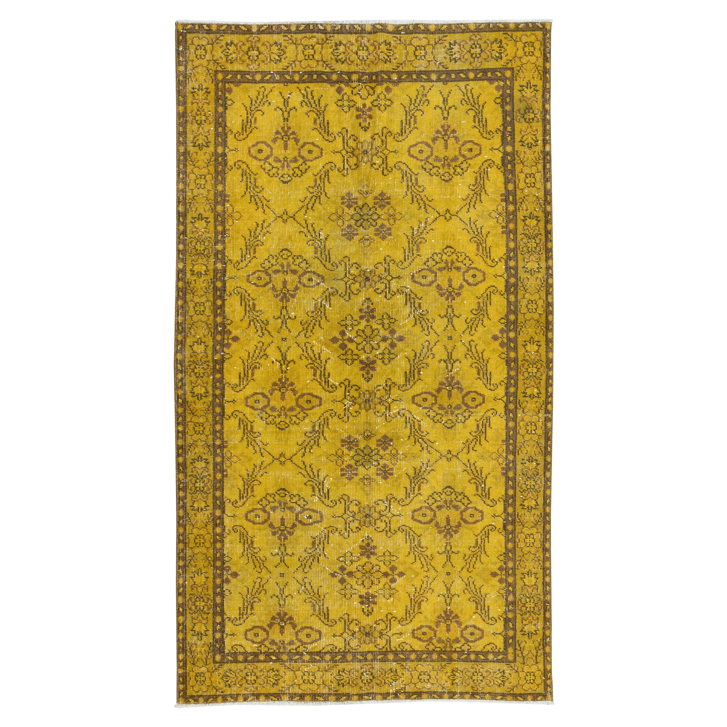 Alfombra Floral Turca Pequeña Hecha a Mano, Alfombra Sobreteñida Amarilla 3,8x6,8 Pies