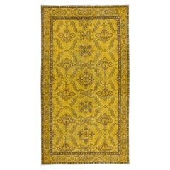 3.8x6.8 Ft Kleiner handgefertigter türkischer floraler Teppich mit Blumenmuster, gelber Over-Dyed-Teppich