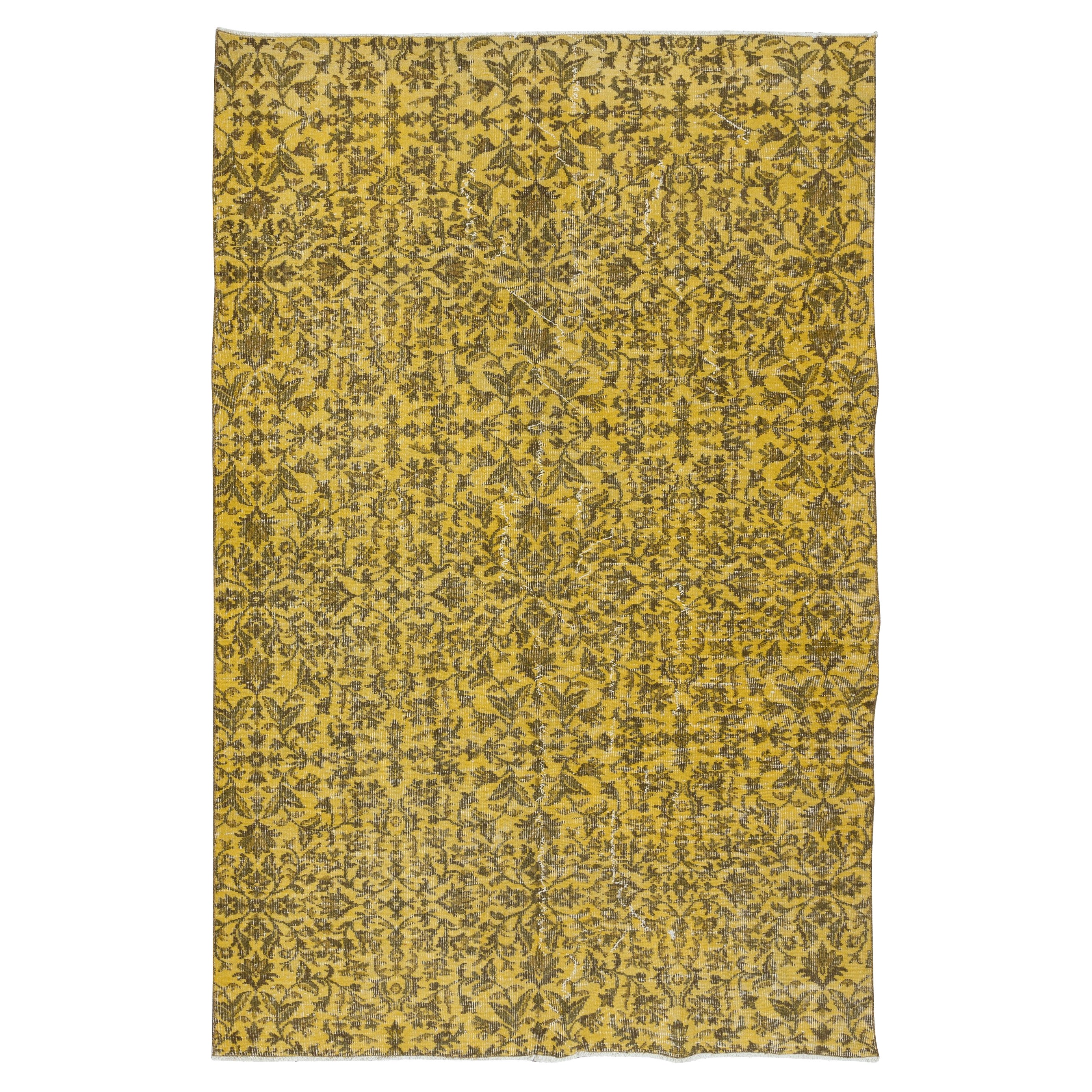 6x9 Ft Modern Handmade Turkish Area Rug with Brown Florals & Yellow Background For Sale