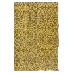 Vintage 6x9 Ft Modern Handmade Turkish Area Rug with Brown Florals & Yellow Background