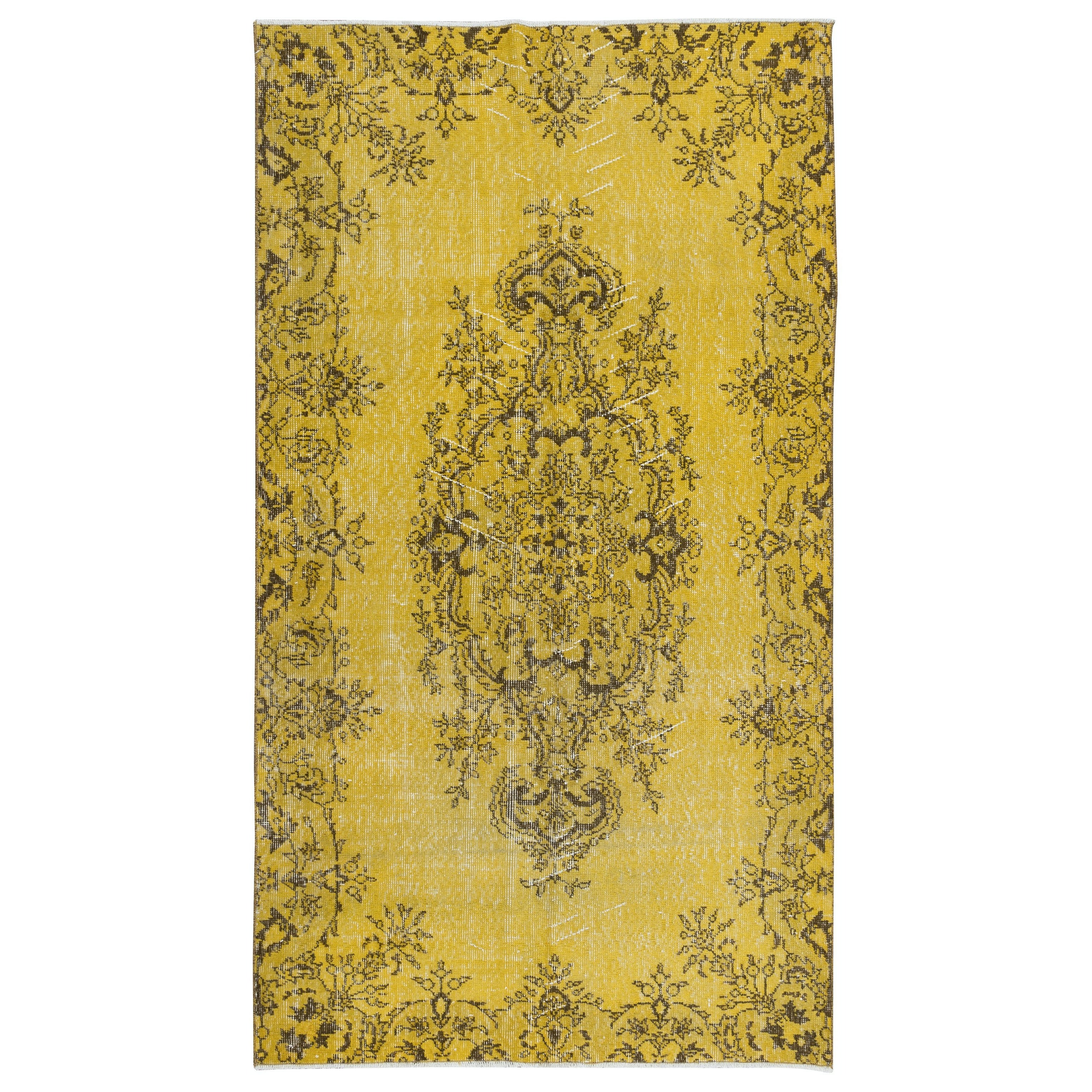 4x7 Ft Authentic Handmade Turkish Rug Over-Dyed in Yellow, Vintage Carpet For Sale