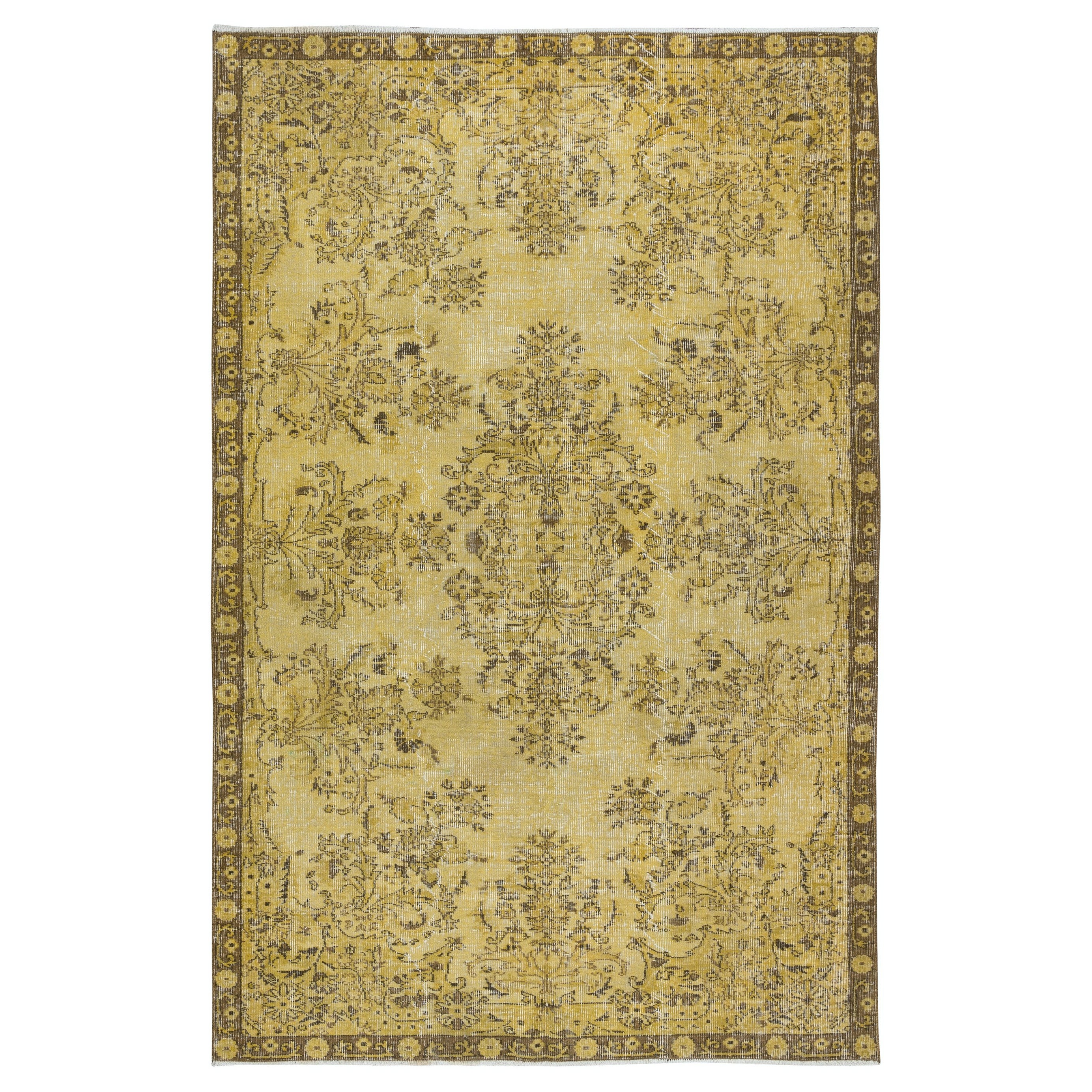 5.7x9.5 Ft Modern Hand Knotted Turkish Wool Area Rug Re-Dyed in Yellow For Sale