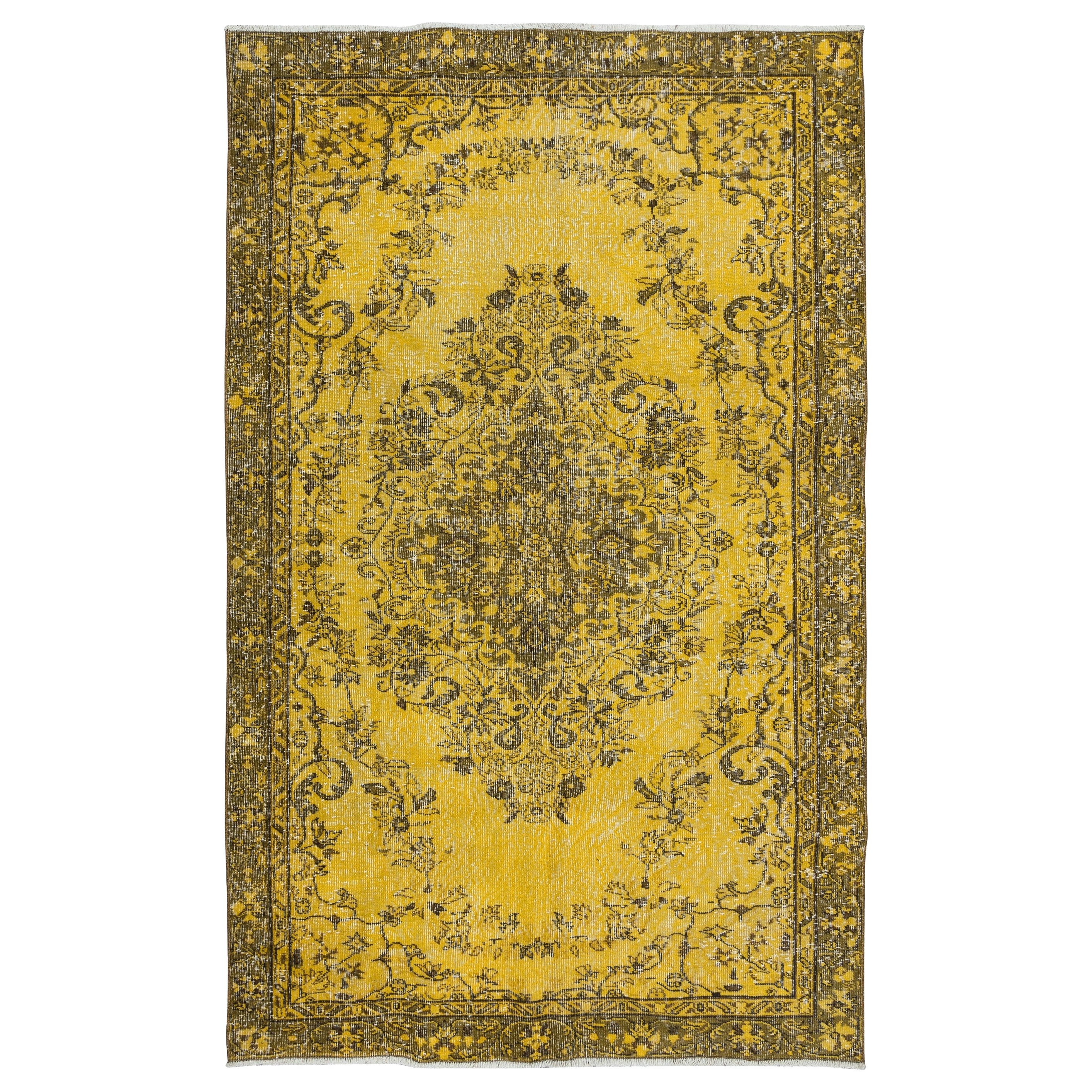 5.4x8.4 Ft Yellow Handmade Area Rug with Medallion Design, Living Room Carpet For Sale