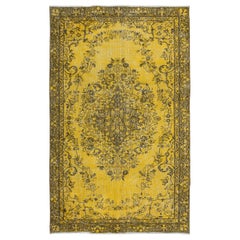 Vintage 5.4x8.4 Ft Yellow Handmade Area Rug with Medallion Design, Living Room Carpet