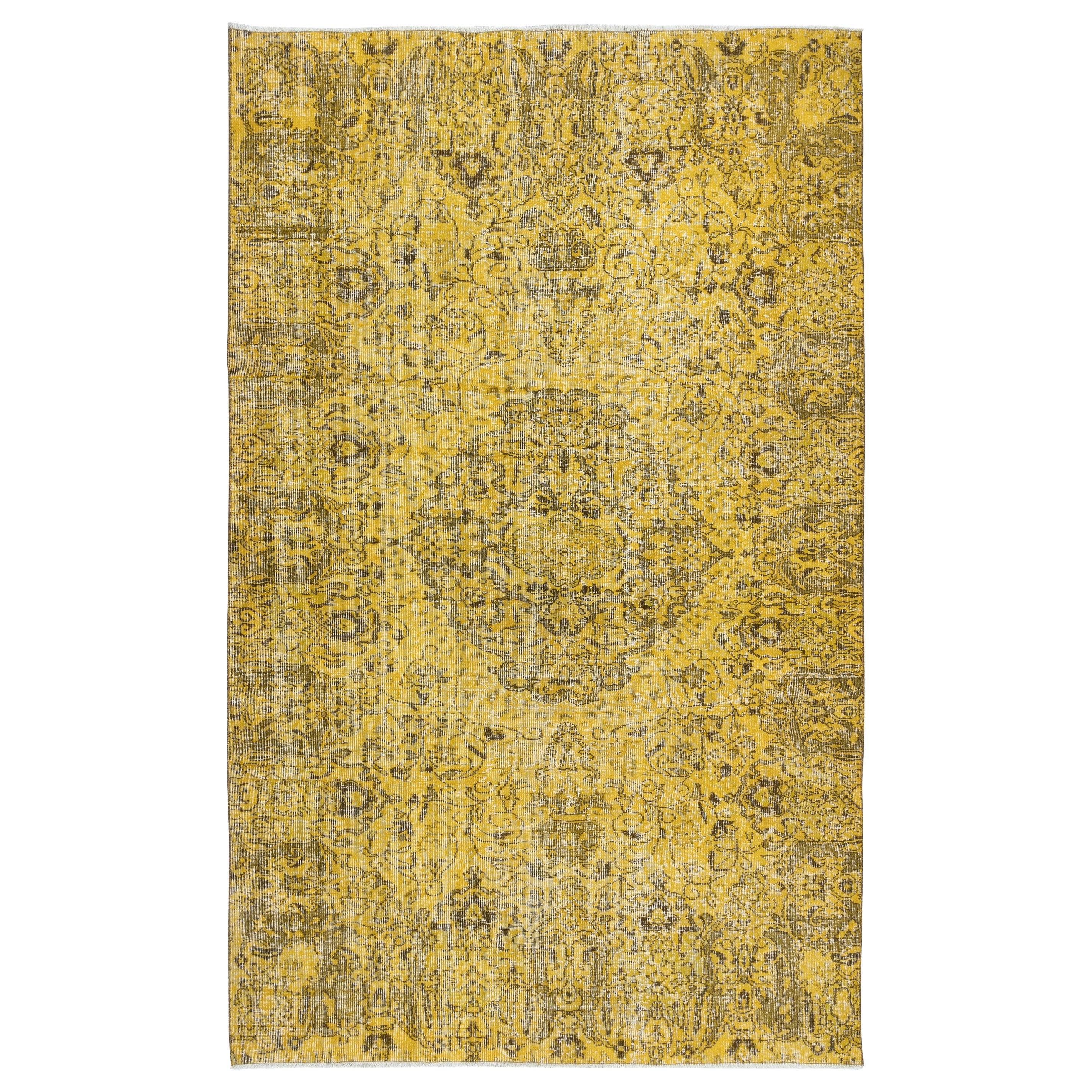 5.4x8.6 Ft Decorative Handmade Turkish Area Rug in Yellow with Medallion Design For Sale
