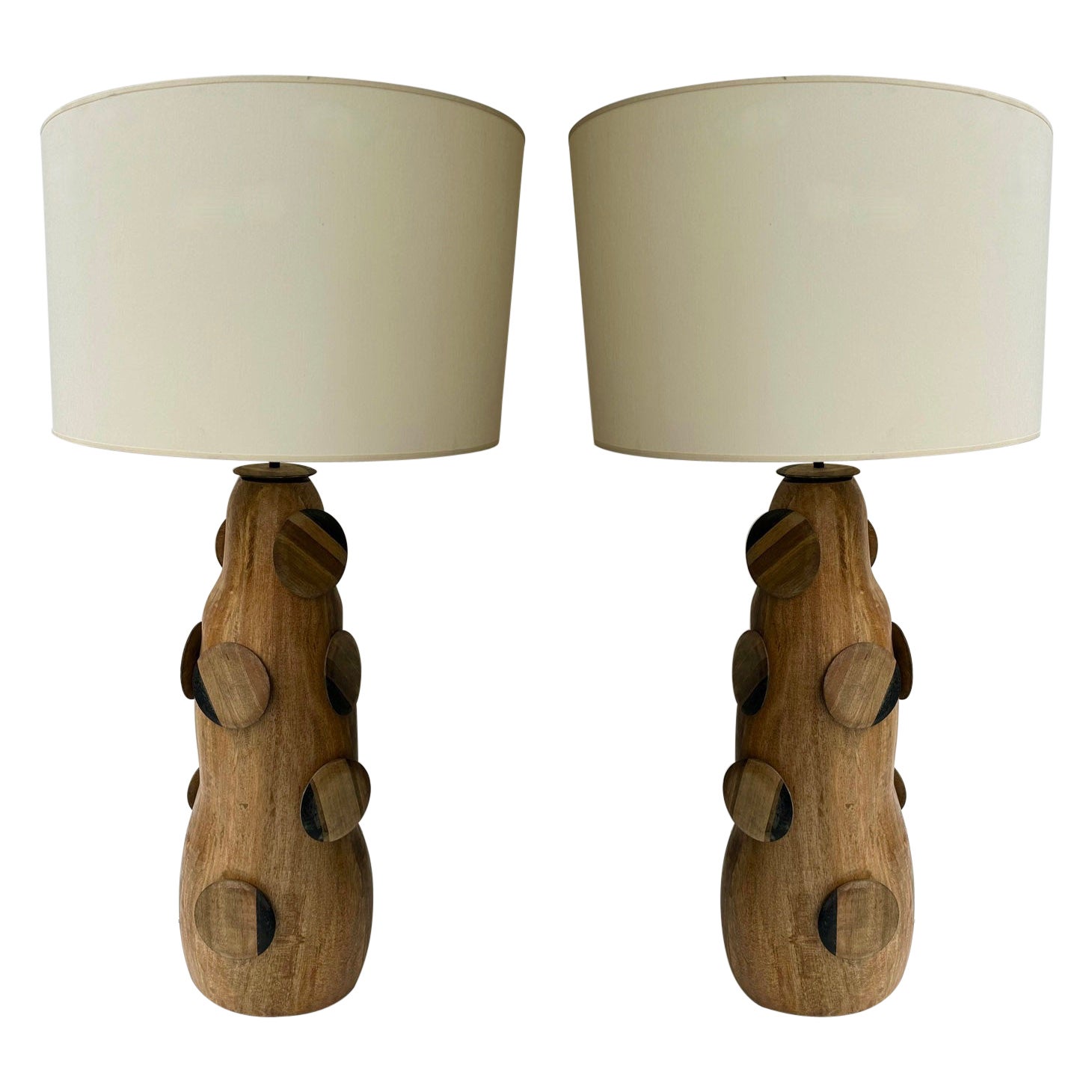 Contemporary Pair of Wood Discs Lamps, Italy For Sale