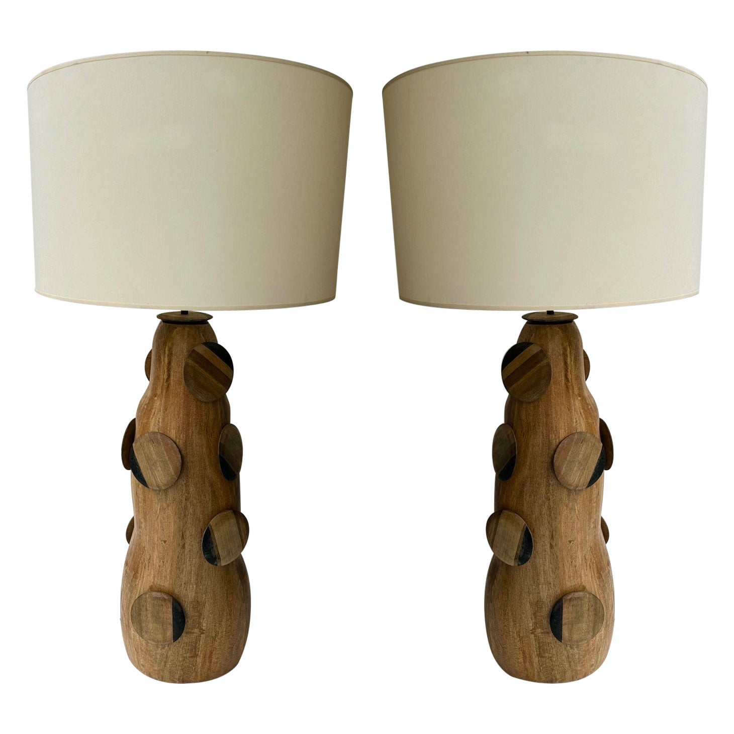 Contemporary Pair of Wood Discs Lamps, Italy