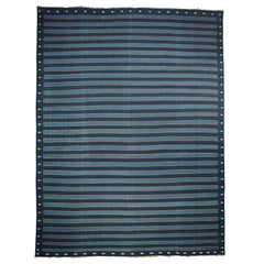 Retro Dhurrie Rug with Blue Stripes and Orange Accents, from Rug & Kilim