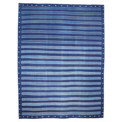 Retro Dhurrie Rug with Blue Stripes and Gold Accents, from Rug & Kilim