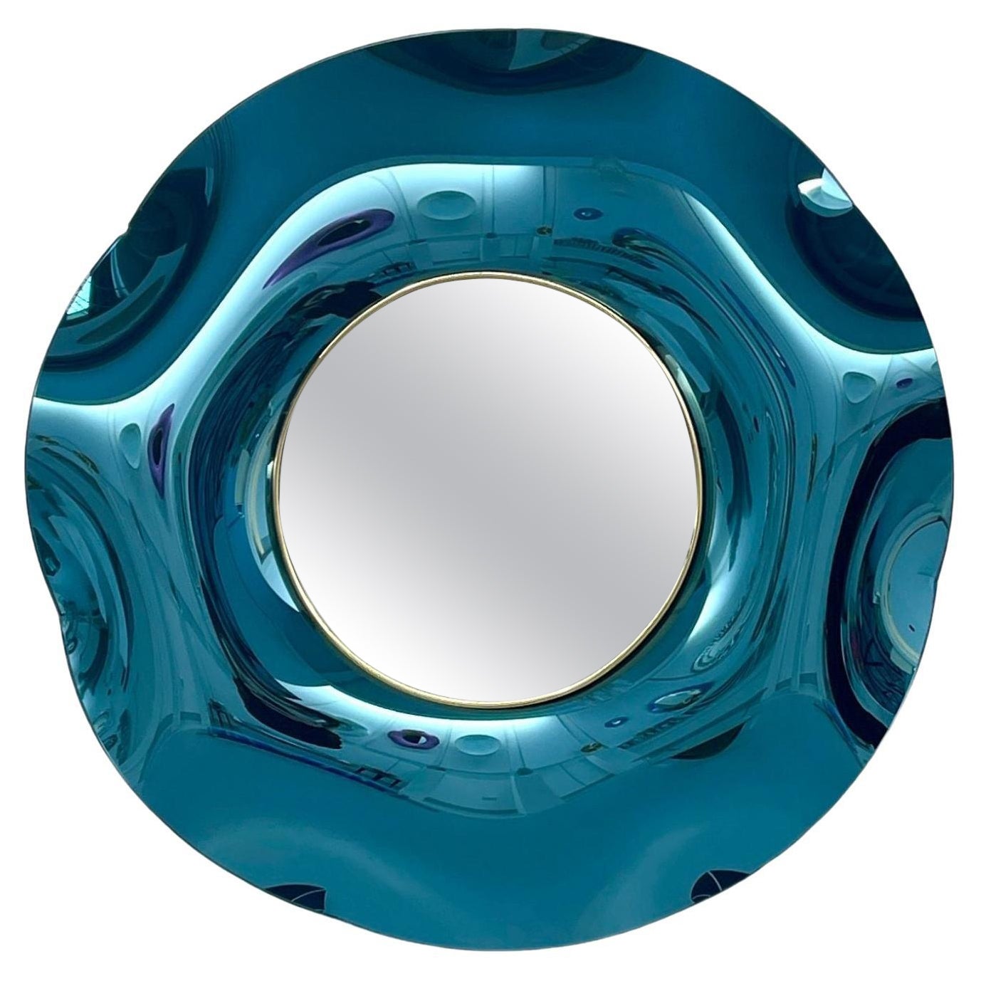 undulate' Miroir en cristal bleu céleste fait main Dia.40'' par Ghiró Studio