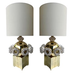 Contemporary Pair of Brass and Ceramic Anemone Lamps, Italy