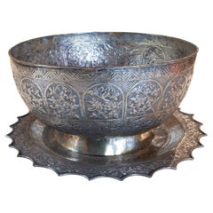 Retro Set of Silver Tray with Bowl Decorated with Flowers and Geometric Decoration