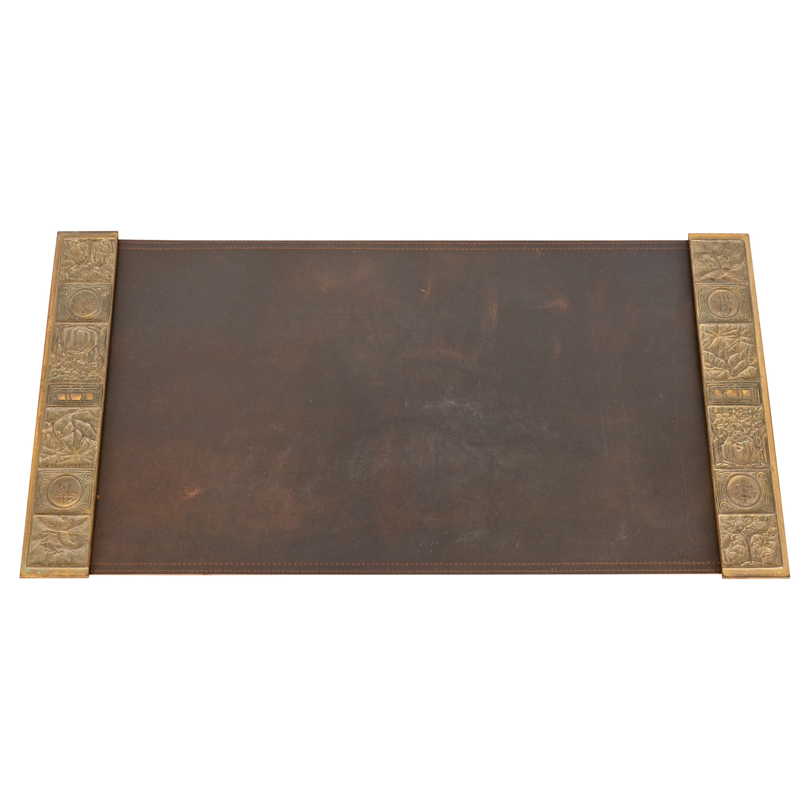 Tiffany Studios New York Bookmark Bronze Blotter Ends With Leather Desk Pad For Sale