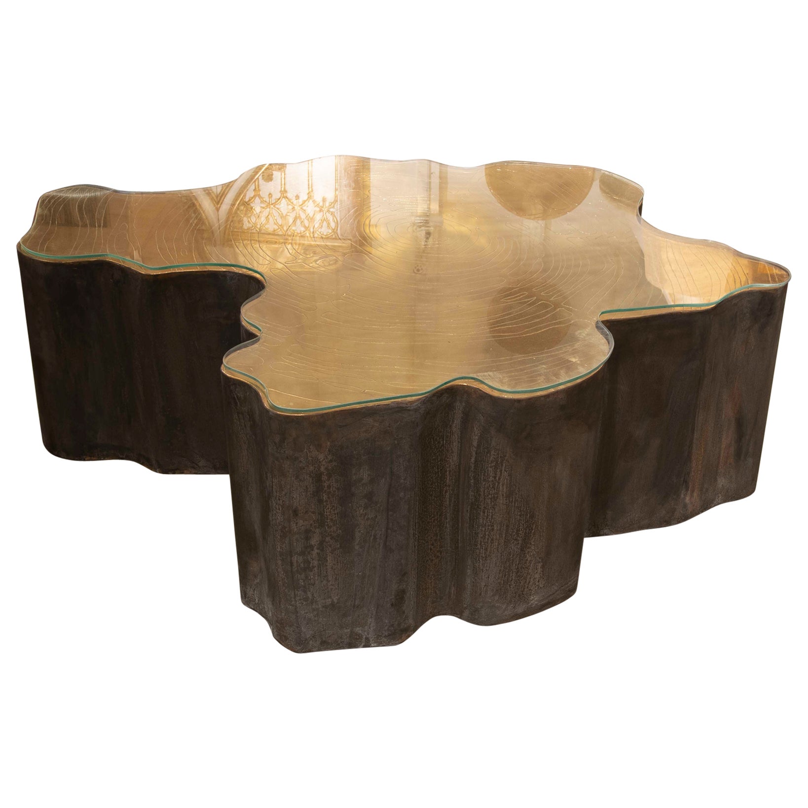 Bronze Coffee Table in the Shape of a Carved Tree Trunk with Glass Top For Sale