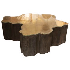 Bronze Coffee Table in the Shape of a Carved Tree Trunk with Glass Top