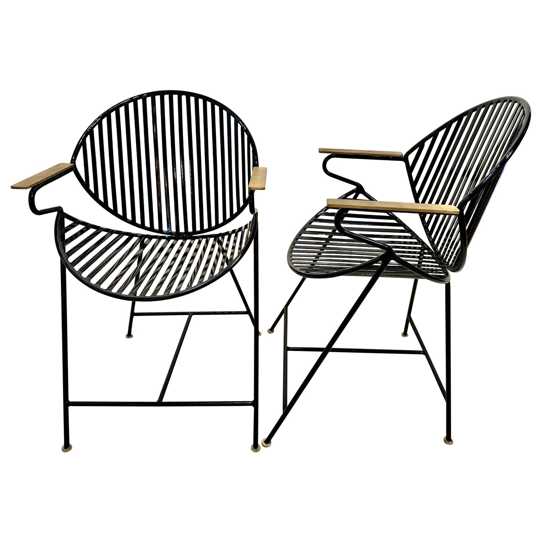 Slatted Iron & Brass Side Chairs, PAIR For Sale