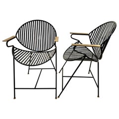 Vintage Slatted Iron & Brass Side Chairs, PAIR