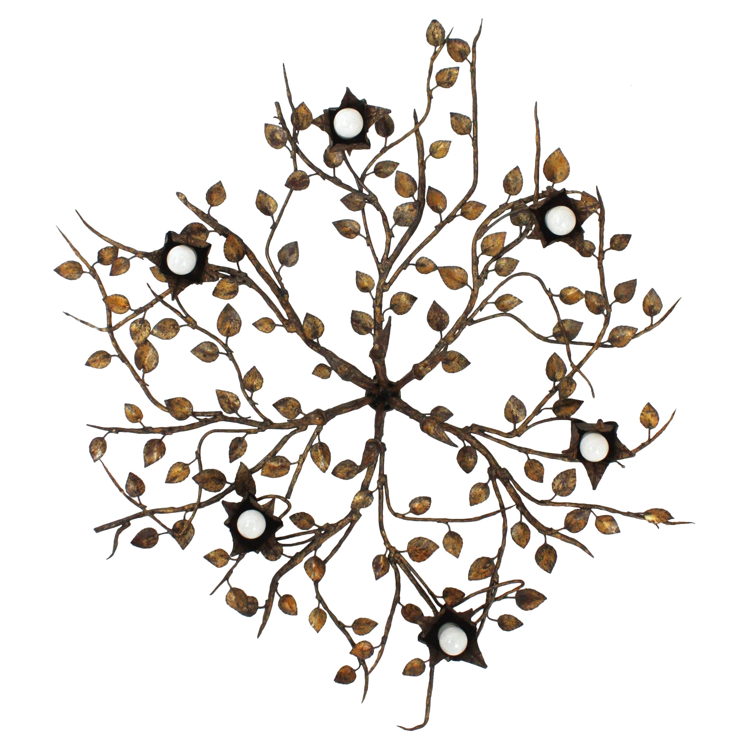 Huge Foliage Floral Flush Mount Light Fixture in Gilt Wrought Iron For Sale
