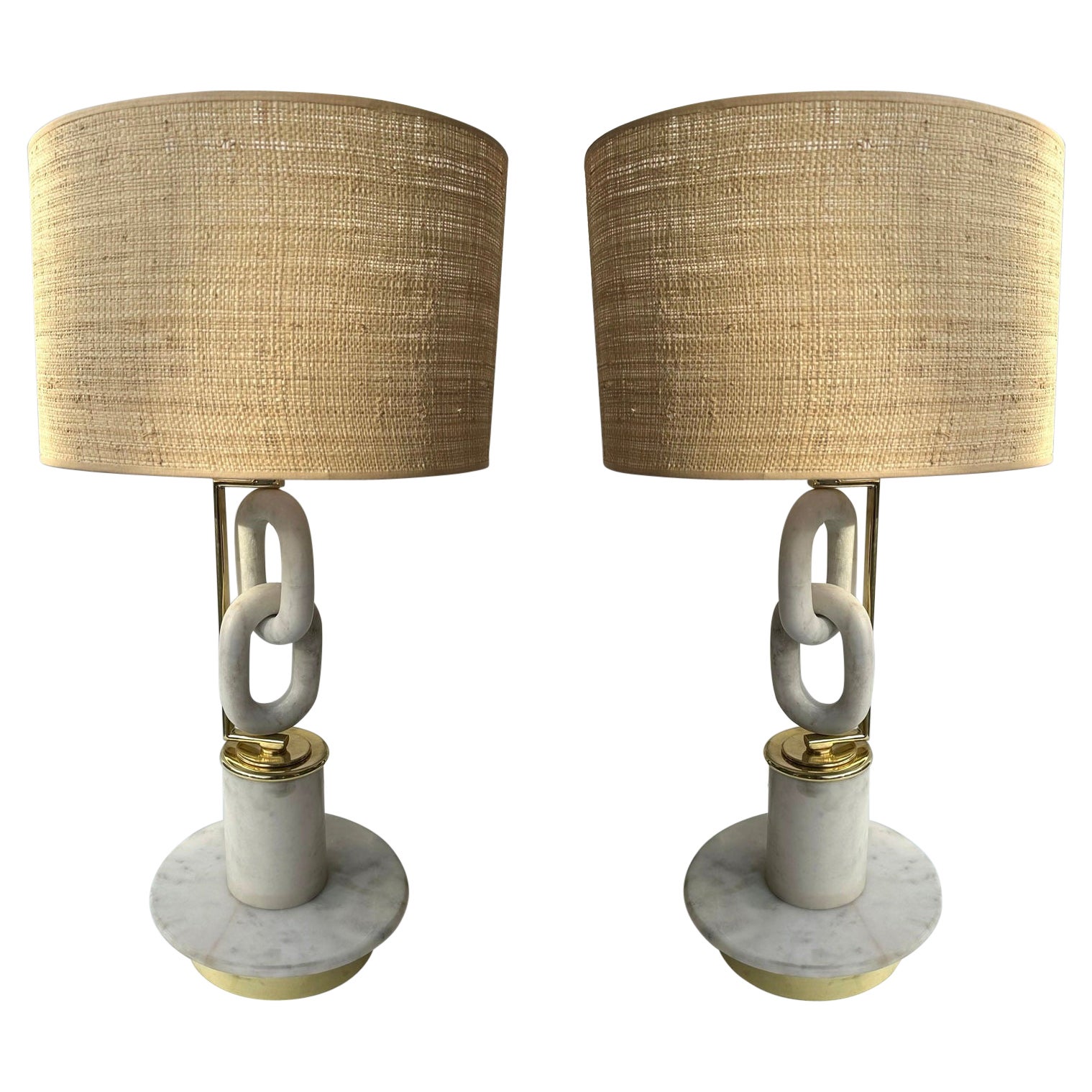 Contemporary Pair of Brass Lamps Marble Chain. Italy