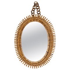 Retro Midcentury Rattan and Bamboo Oval Wall Mirror with Chain, Italy 1960s