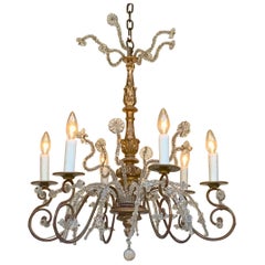 Lustre italien de Gênes, bois doré, fer forgé et cristal