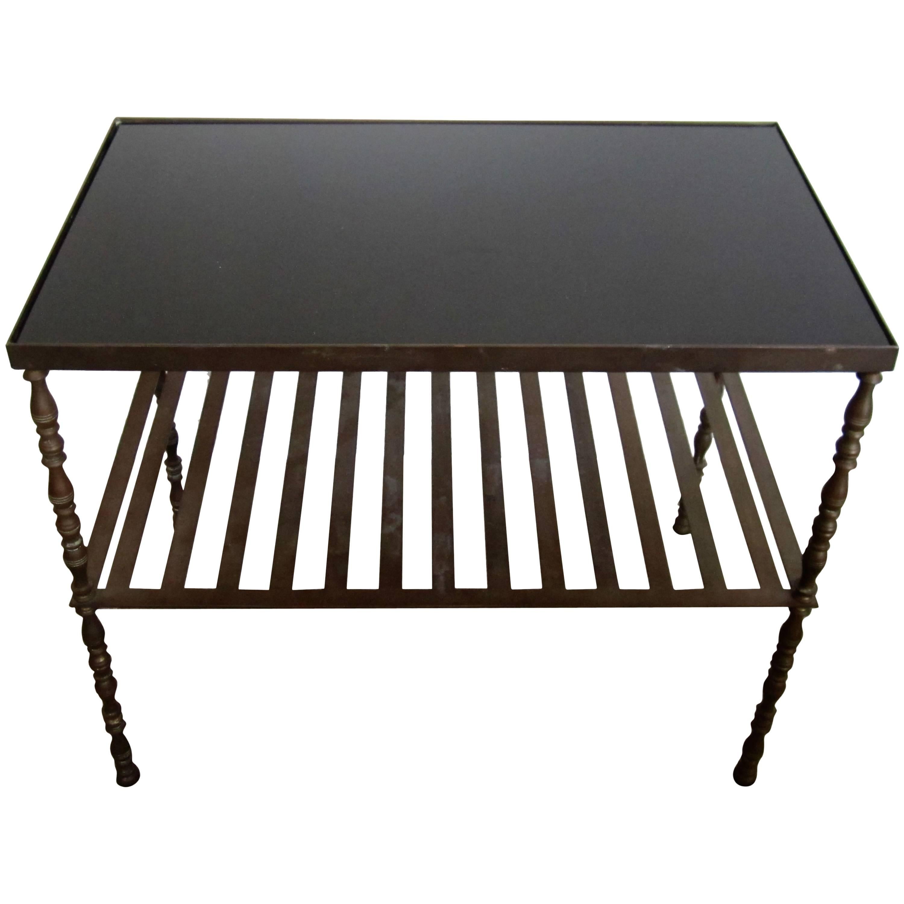 Vintage Bronze and Black Glass Top Bookcase, Bar or End Table, French