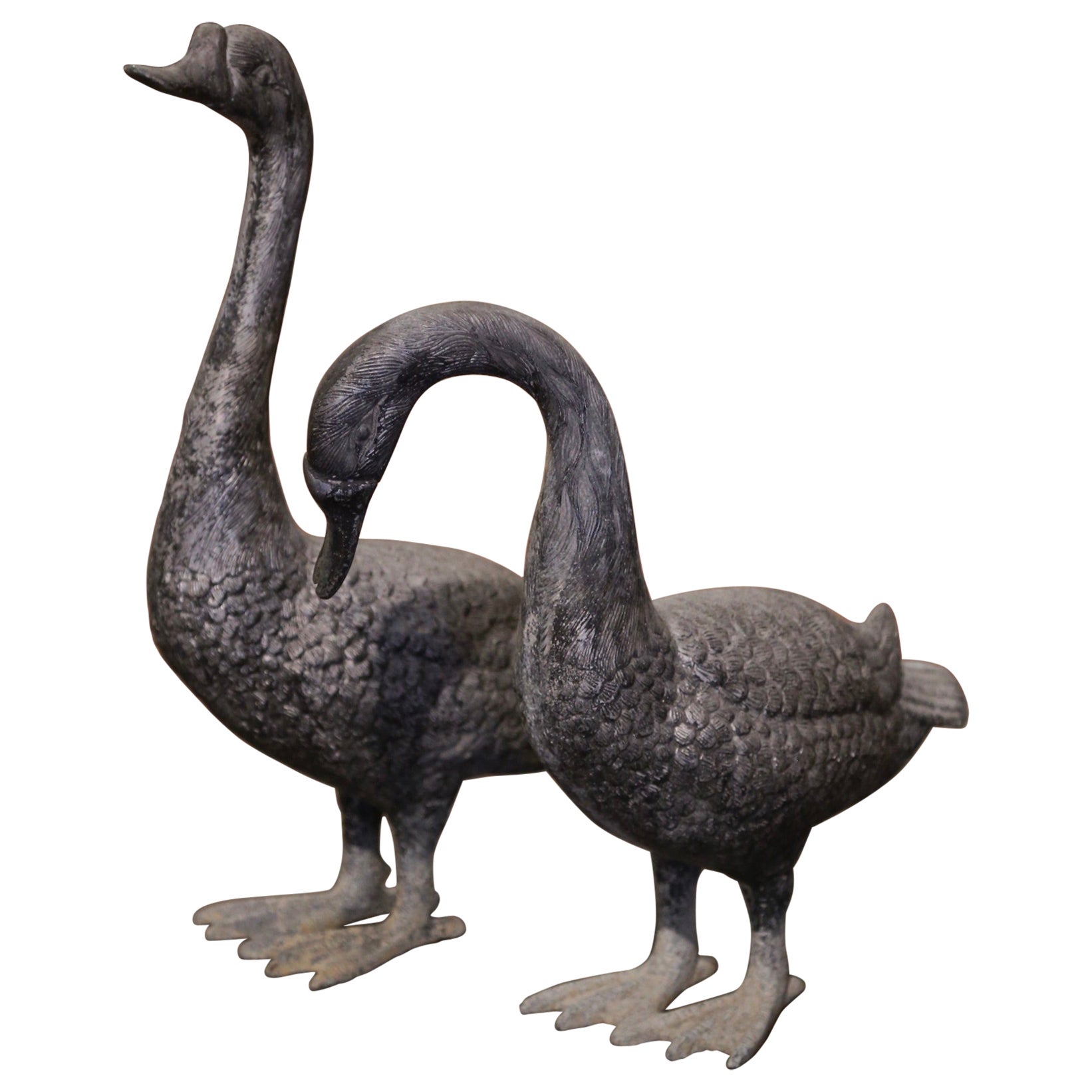 Pair of Mid-Century French Patinated Cast Metal Goose Sculptures  For Sale