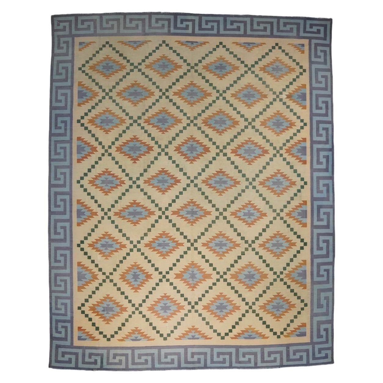 Vintage Dhurrie Rug in Cream with Blue Geometric Patterns, from Rug & Kilim