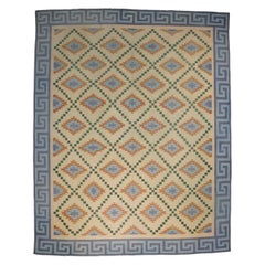 Retro Dhurrie Rug in Cream with Blue Geometric Patterns, from Rug & Kilim   