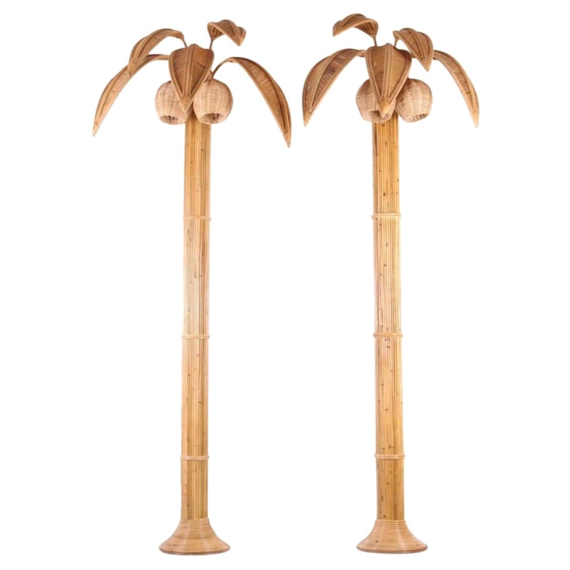 Pair of large rattan « palm trees/coconut trees wall lights » For Sale
