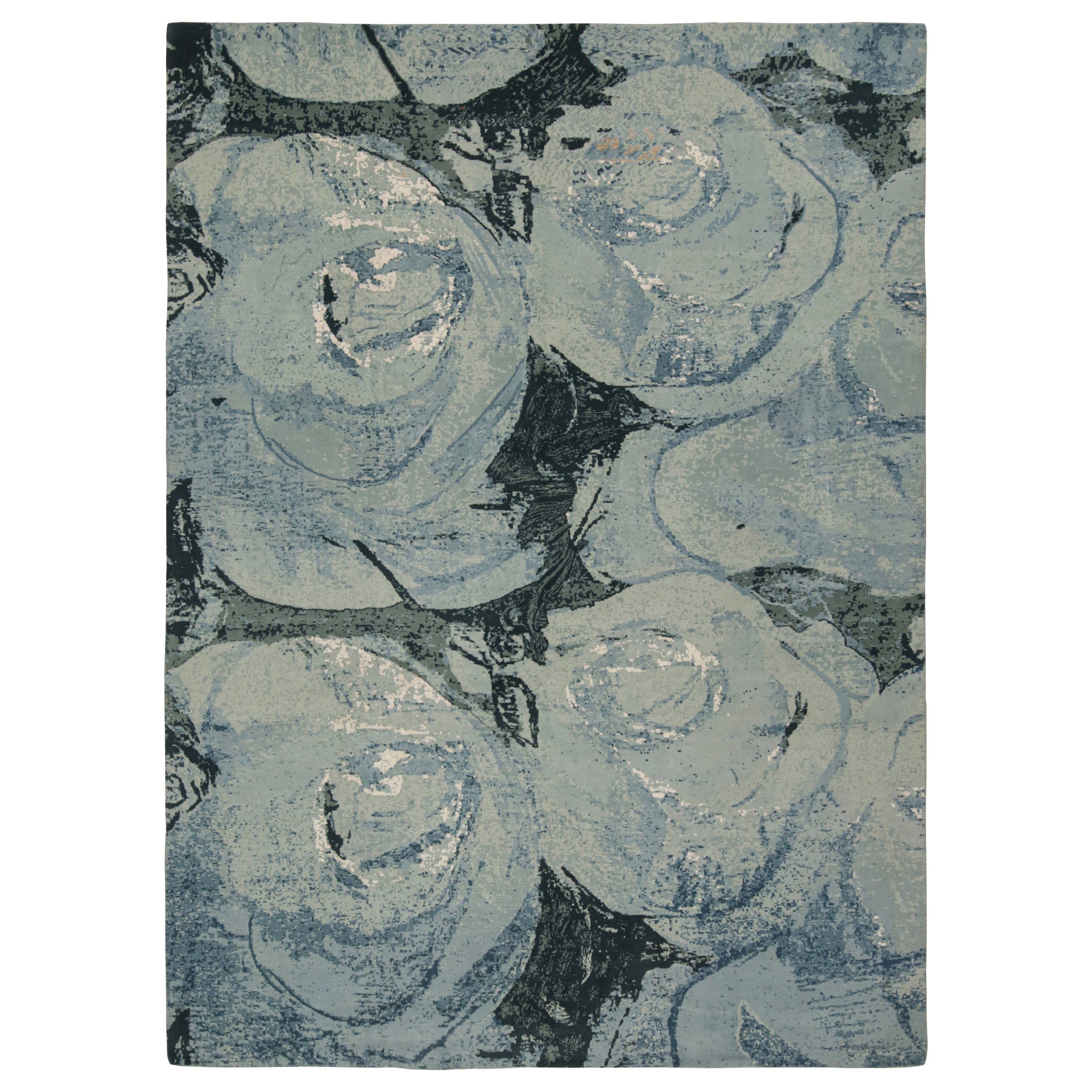Rug & Kilim’s Modern Abstract Impressionist Rug in Blue, with Floral Patterns For Sale