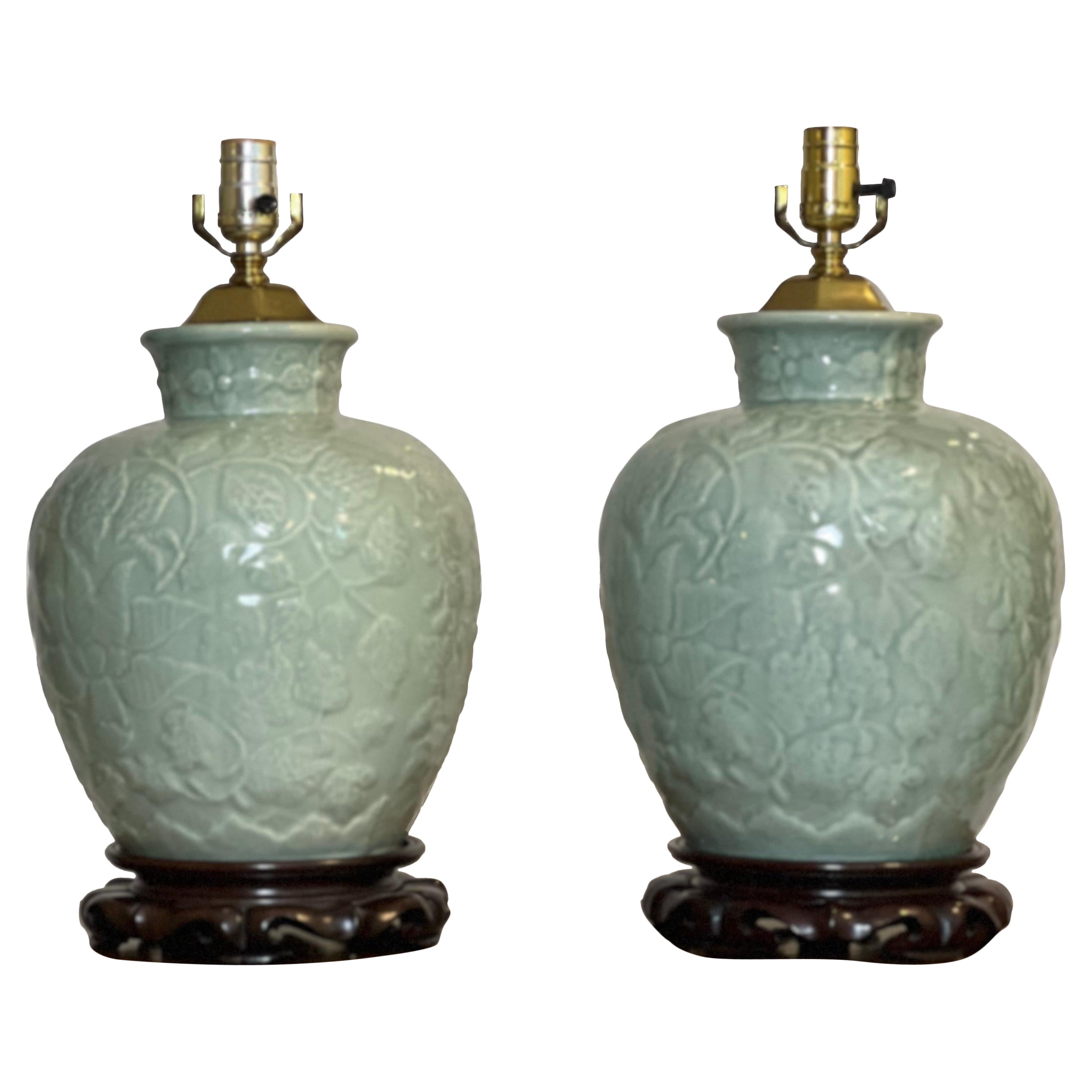 Vintage Chinese Celadon Ginger Jar Style Crackle Glazed Lamps, Pair