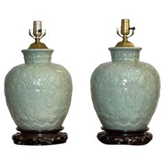 Paire de lampes chinoises vintage à glaçure craquelée style jarre de gingembre céladon