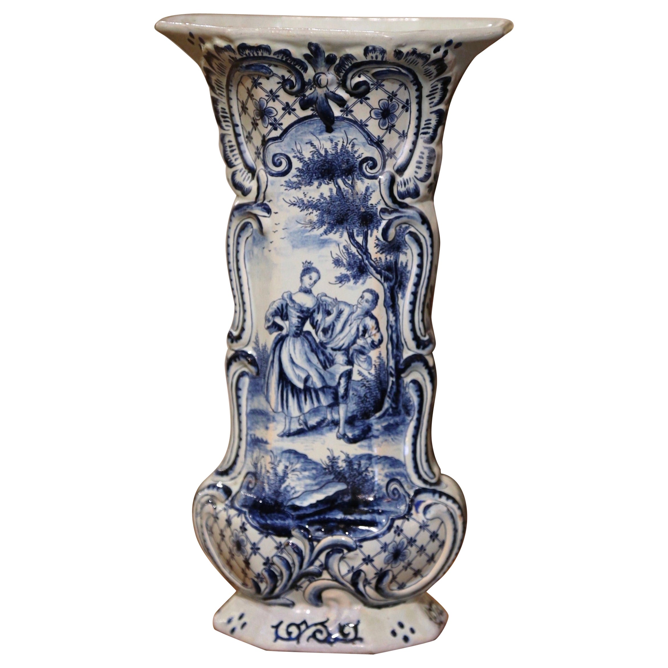  18th Century French Blue and White Hand Painted Faience Delft Vase For Sale