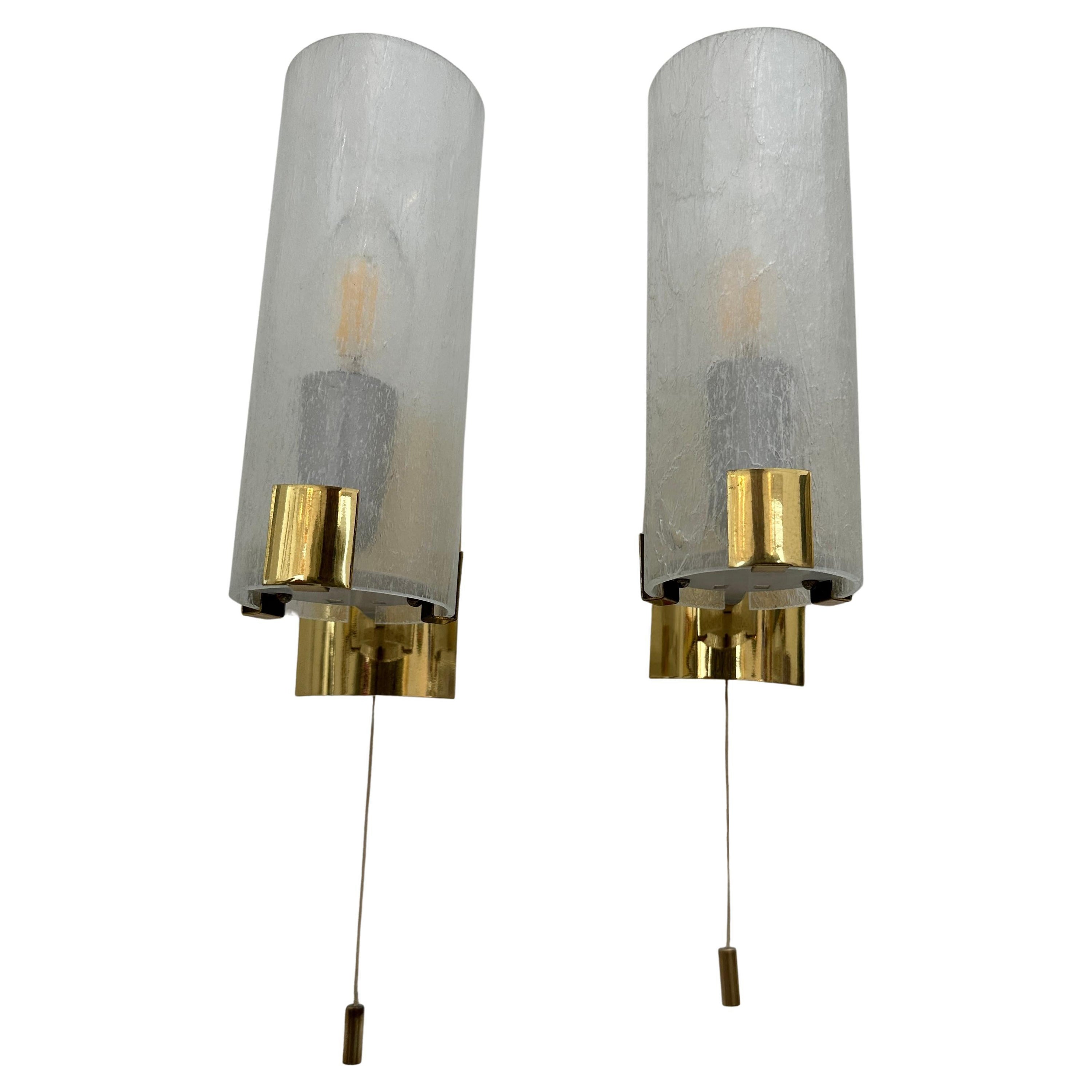 Pair 1970s German Tubular Frosted Glass Wall Lights Sconces Doria Leuchten Style For Sale