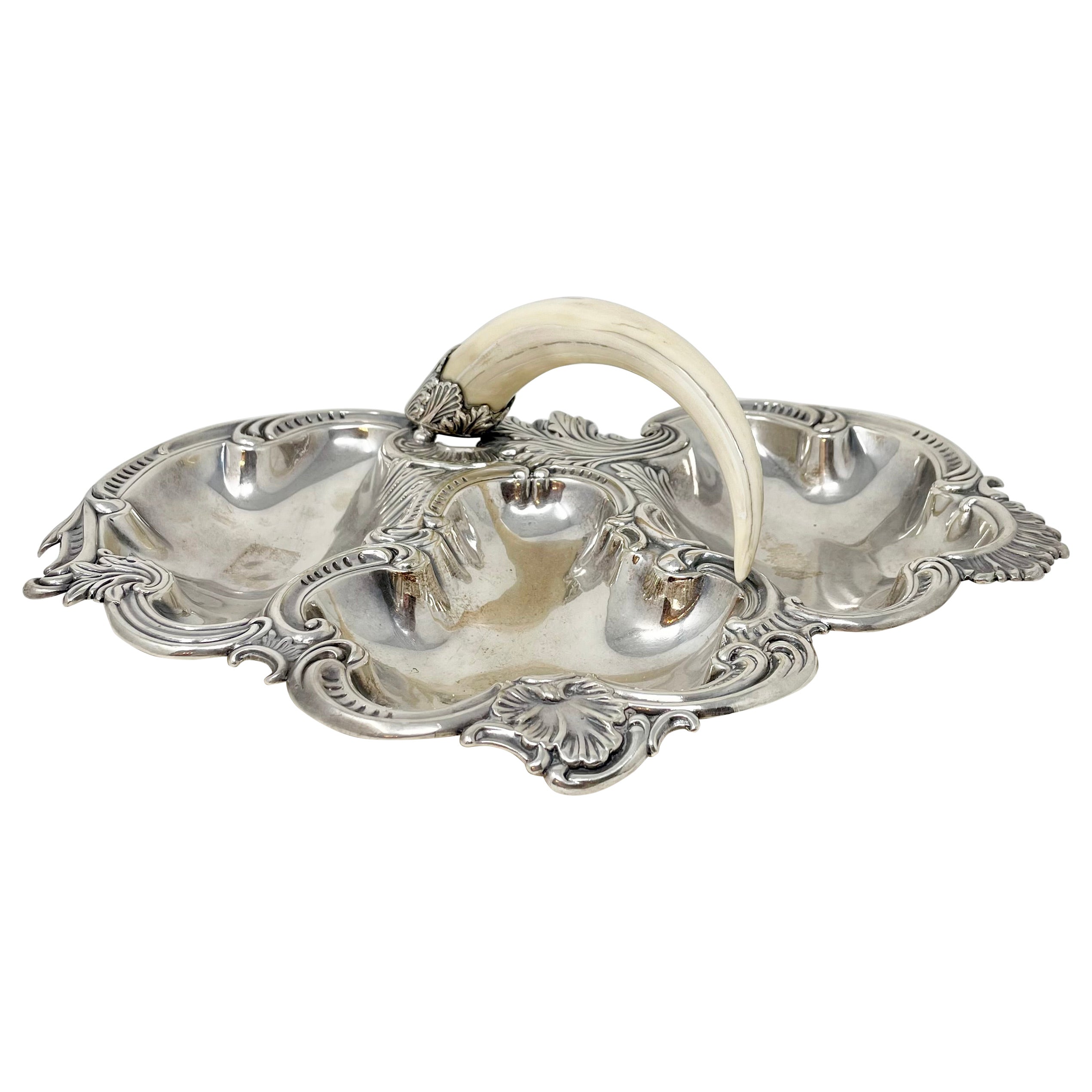 Antique English Sheffield Silver-Plate and Boar's Tusk Serving Dish, Circa 1900.