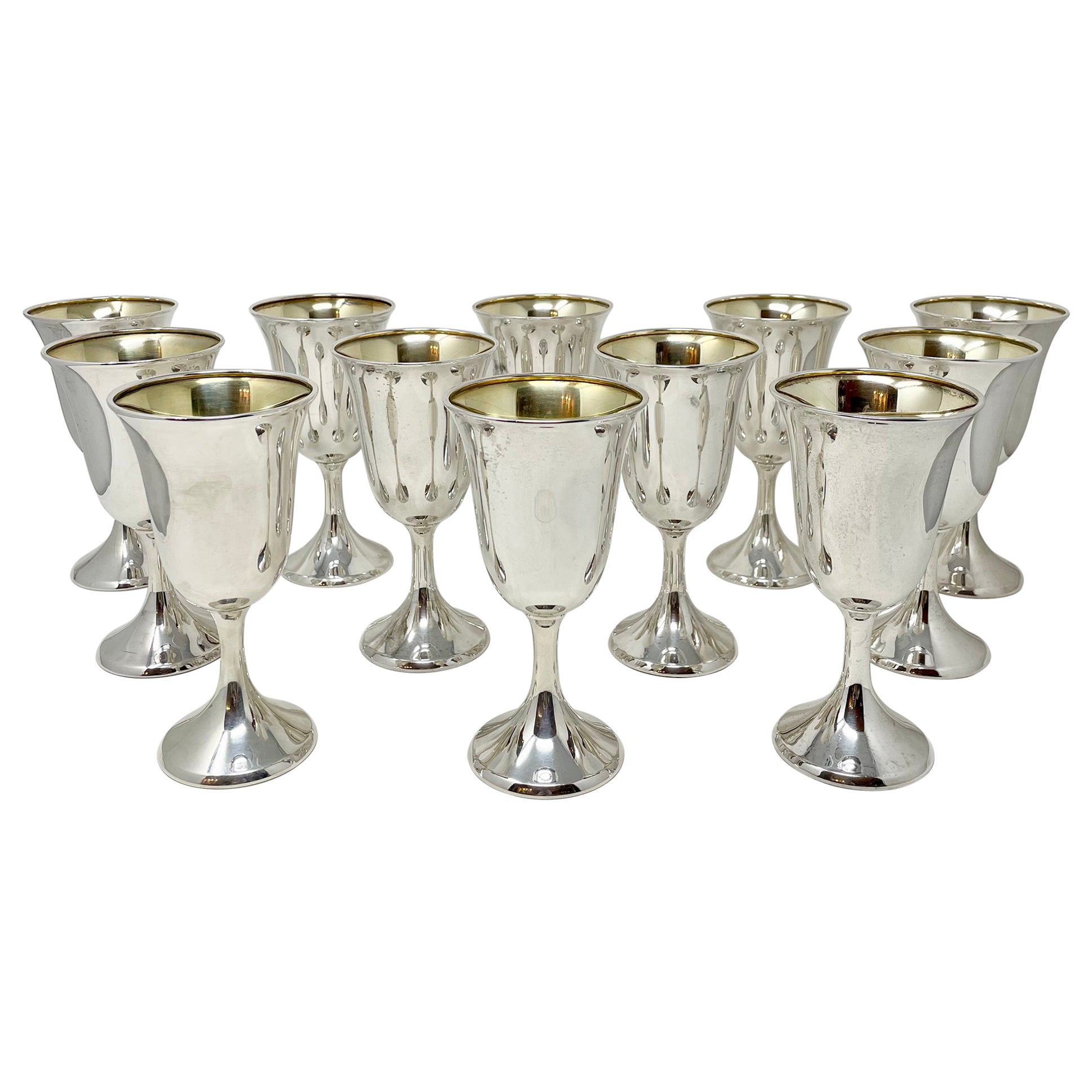 Set of 12 Estate American Hallmarked Sterling Silver Goblets, Circa 1950's For Sale