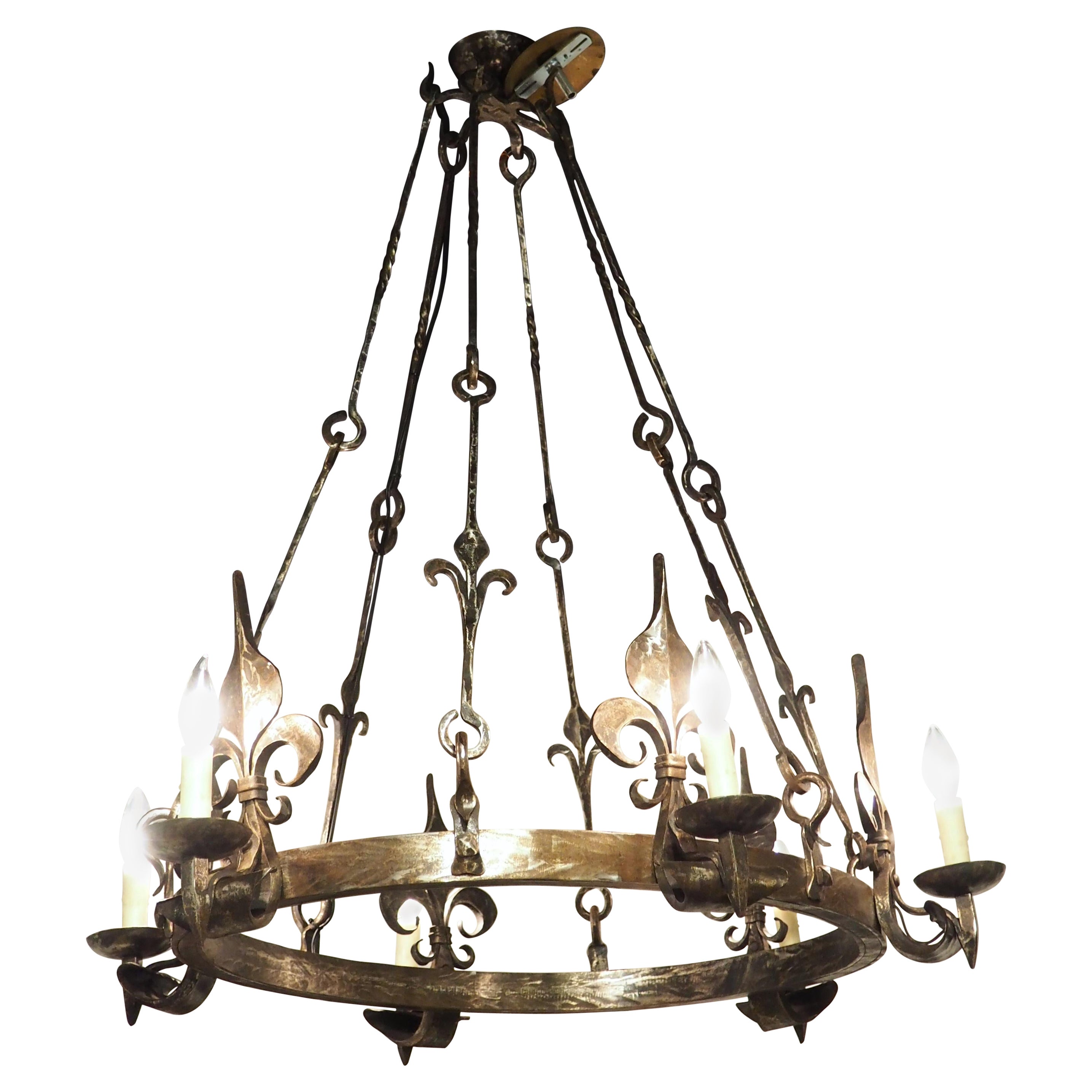 1960s Hand Wrought Iron Oval Fleur De Lys Chandelier from Brittany, France For Sale