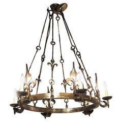 Vintage 1960s Hand Wrought Iron Oval Fleur De Lys Chandelier from Brittany, France