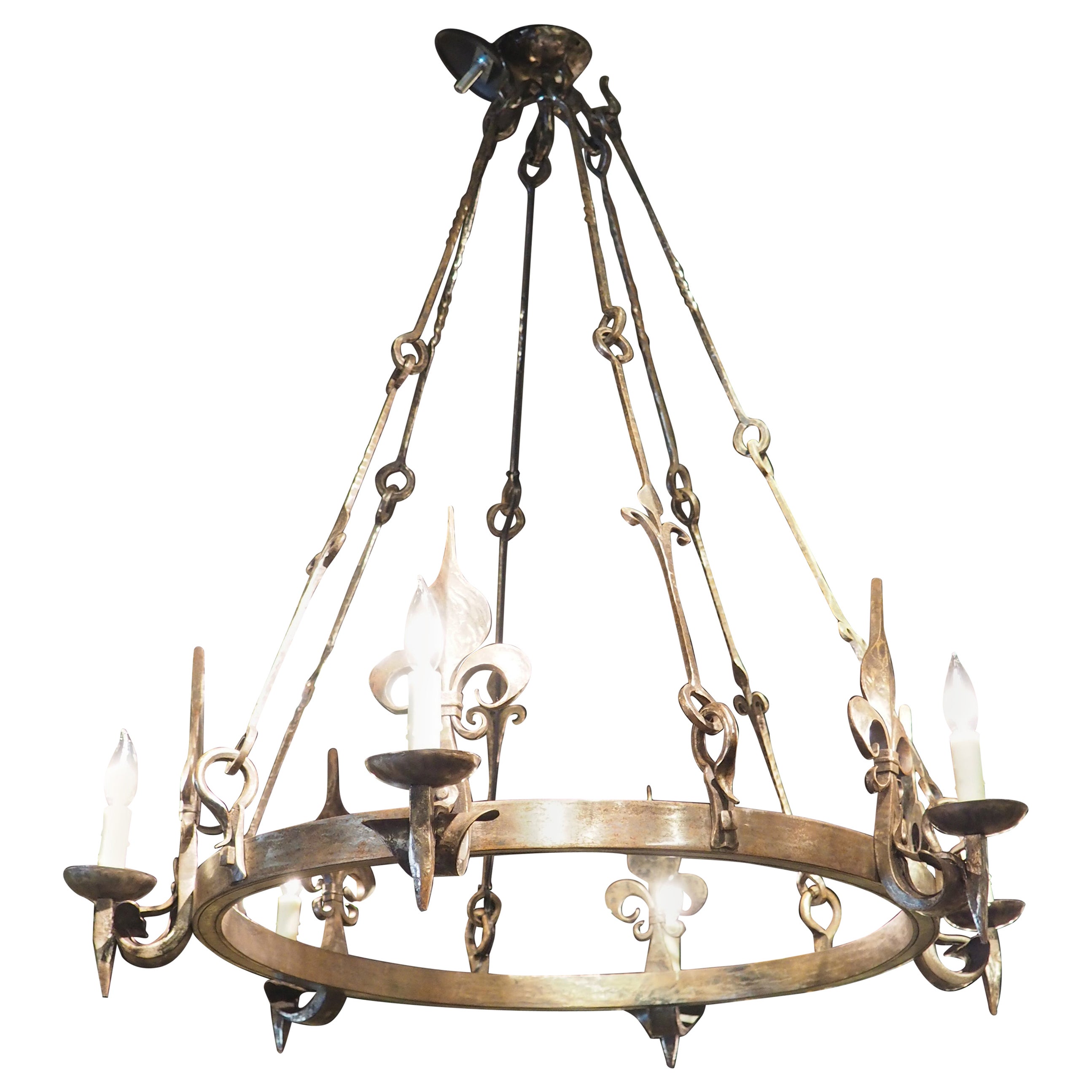 1960s Hand Wrought Iron Oval Fleur De Lys Chandelier from Brittany, France For Sale