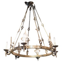 1960s Hand Wrought Iron Oval Fleur De Lys Chandelier from Brittany, France