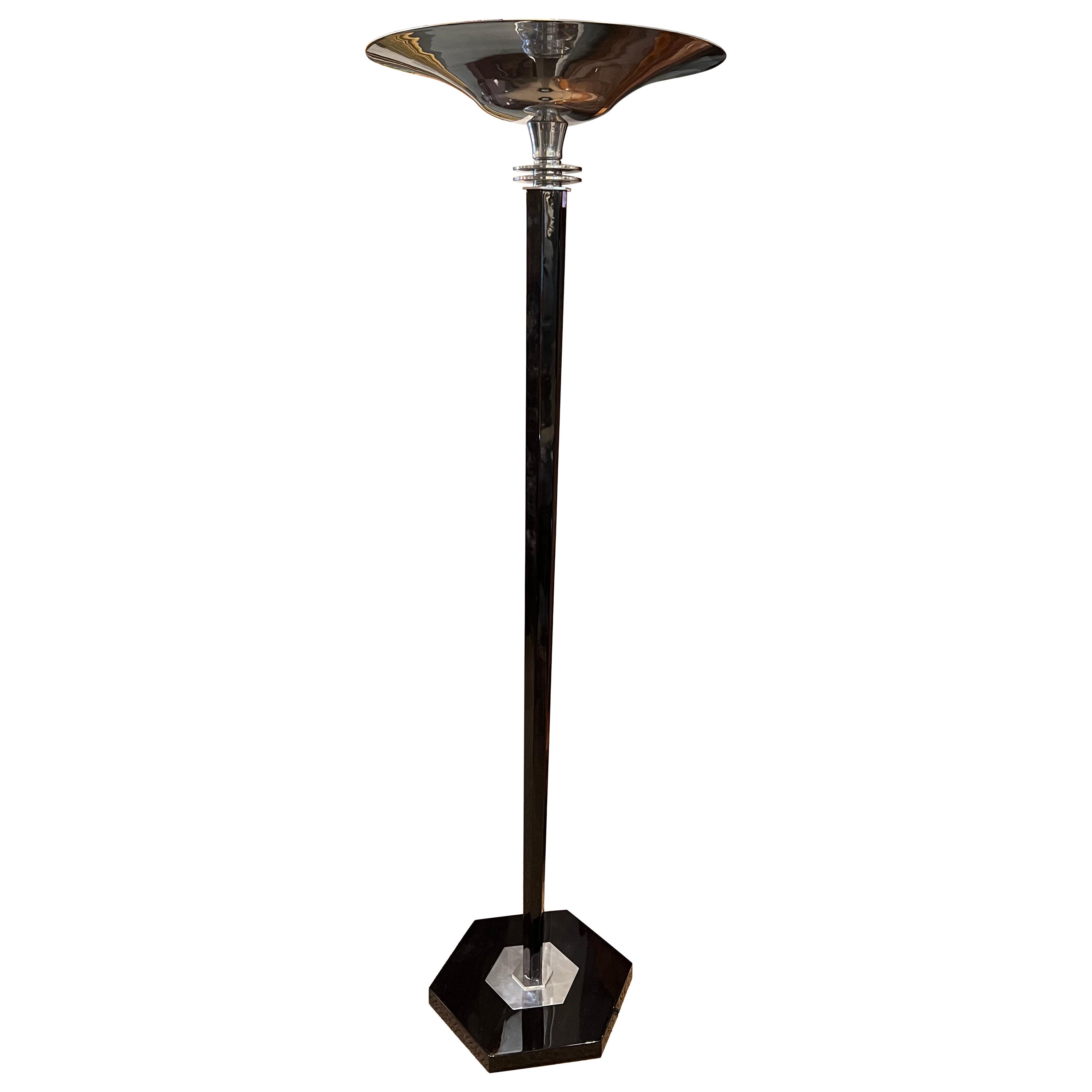 Art Deco French Floor Lamp in Beech Wood with Chrome For Sale