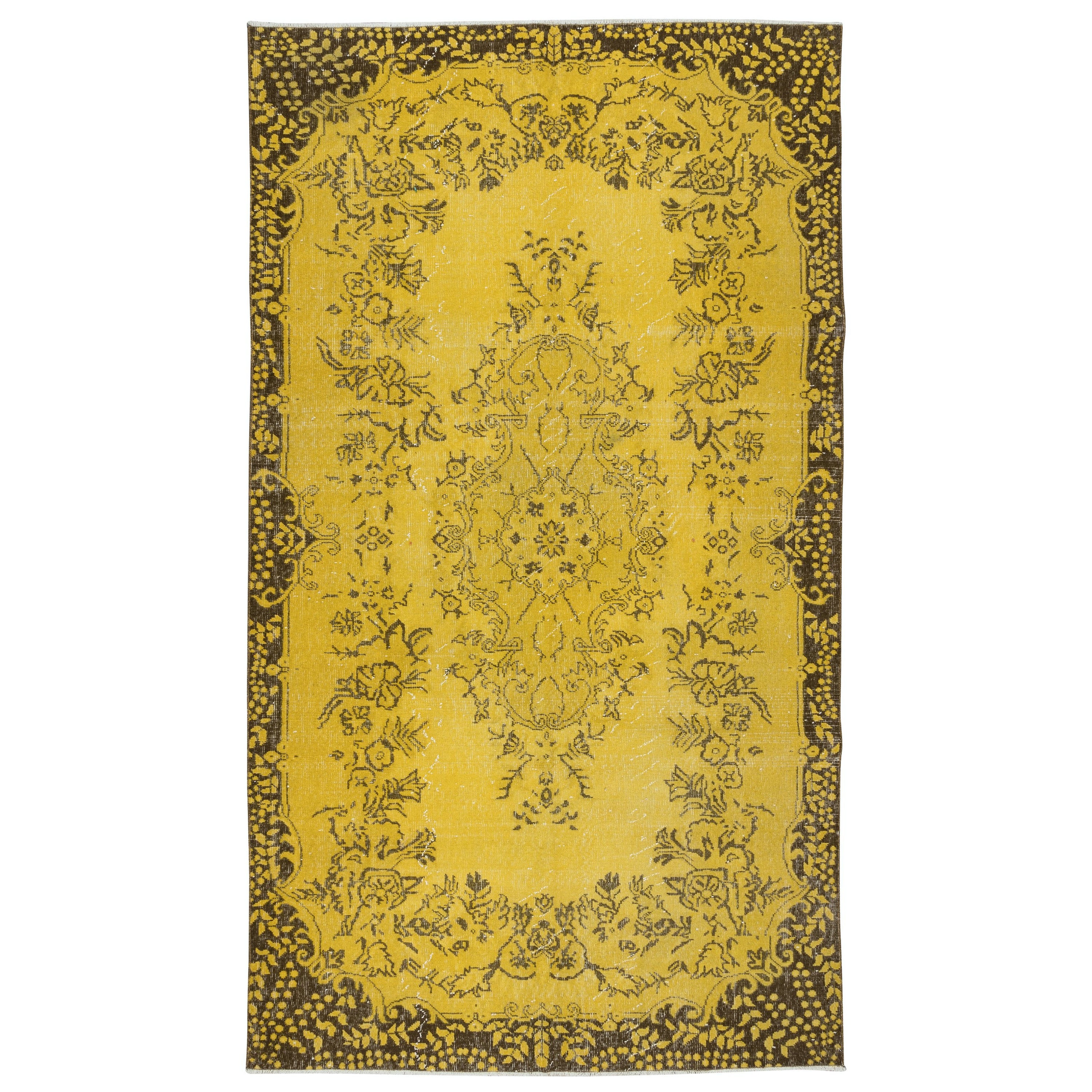 Dekorativer gelber handgefertigter Teppich in Zimmergröße 5,5x9,5 Ft, recycelter türkischer Teppich im Angebot