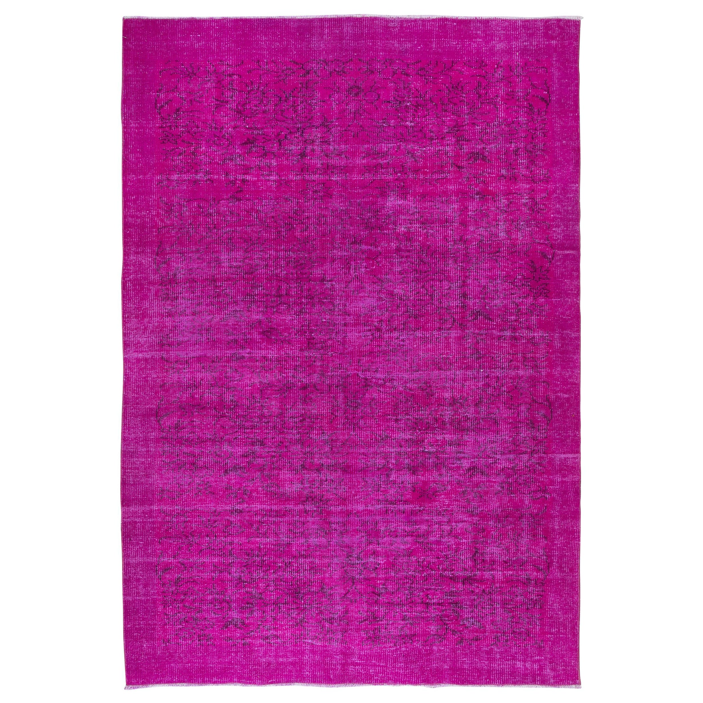 5.8x8.6 Ft Handmade Turkish Floral Rug with Hot Pink Background and Solid Border For Sale