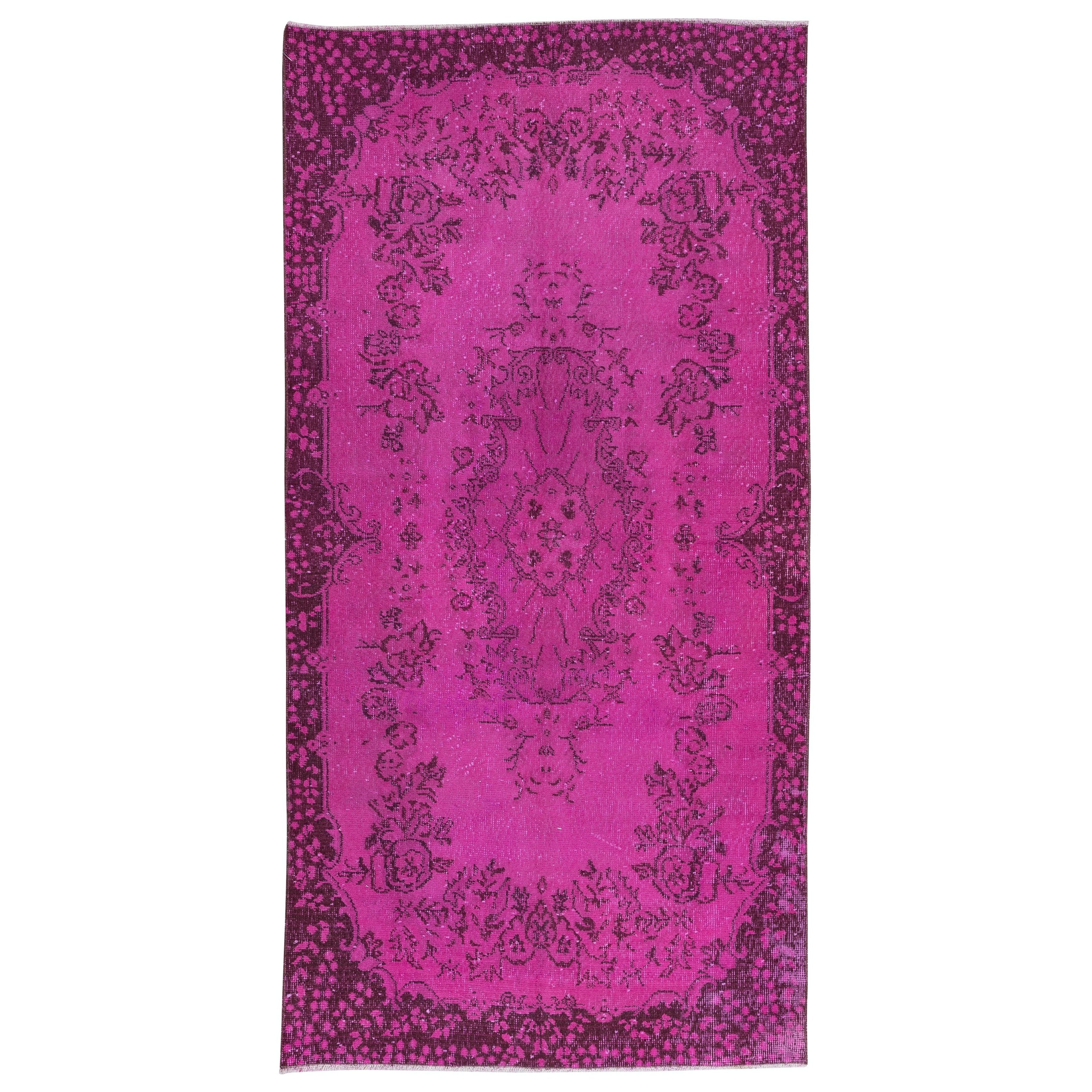 3.8x7.3 Ft Hot Pink Anatolian Wool Rug with Medallion, Modern Handmade Carpet For Sale