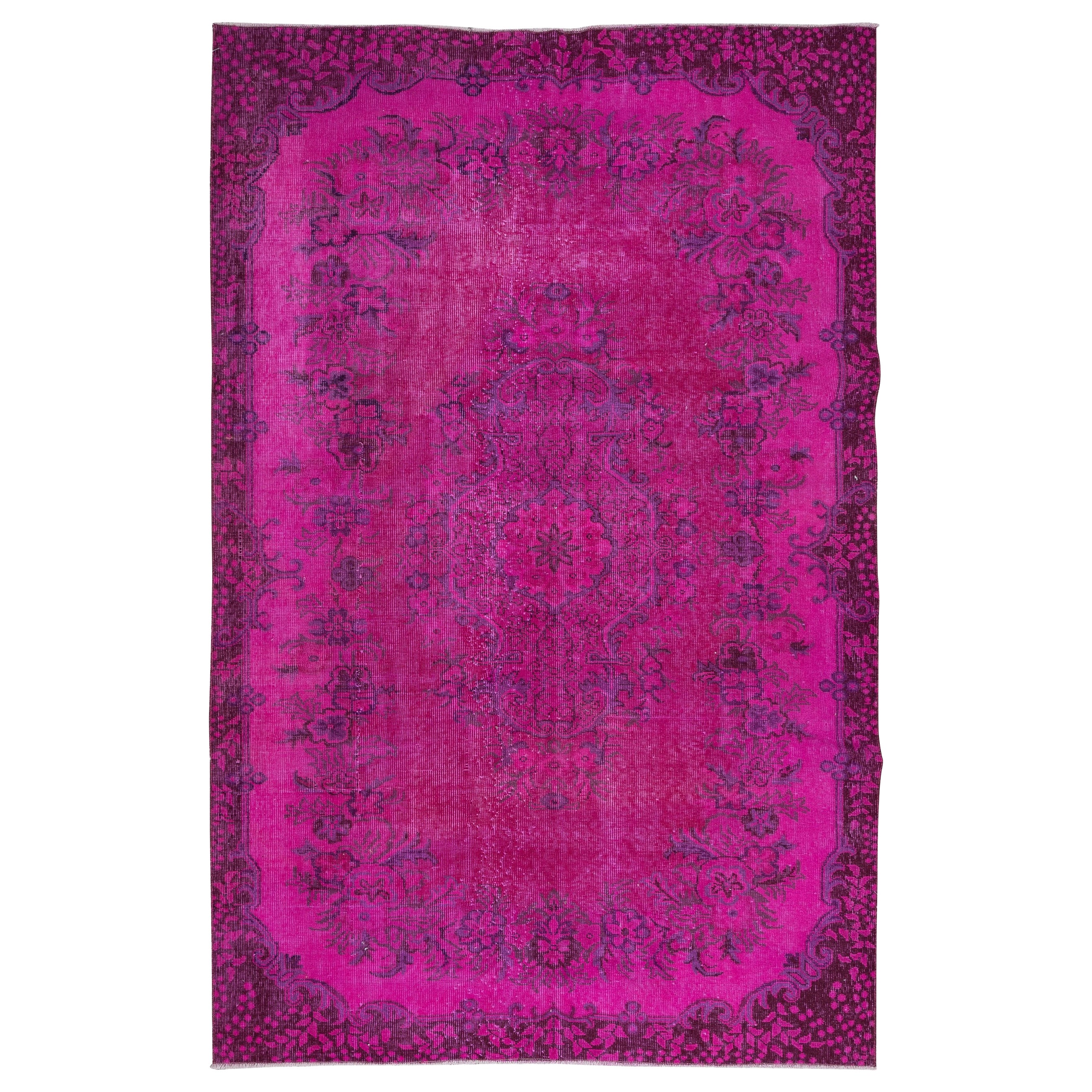 5.6x8.6 Ft Hot Pink Moderner türkischer Teppich mit Blumenmuster, handgefertigter Teppich im Angebot