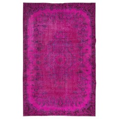 Vintage 5.6x8.6 Ft Hot Pink Modern Turkish Area Rug, Floral Pattern Handmade Carpet