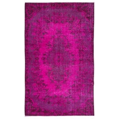 Vintage 5.5x8.5 Ft Hot Pink Handmade Turkish Low Pile Rug with Medallion, Floor Covering