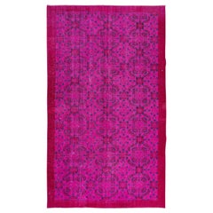 Vintage 5.3x9 Ft Vivid Pink Handmade Turkish Rug with Floral Design & Solid Border
