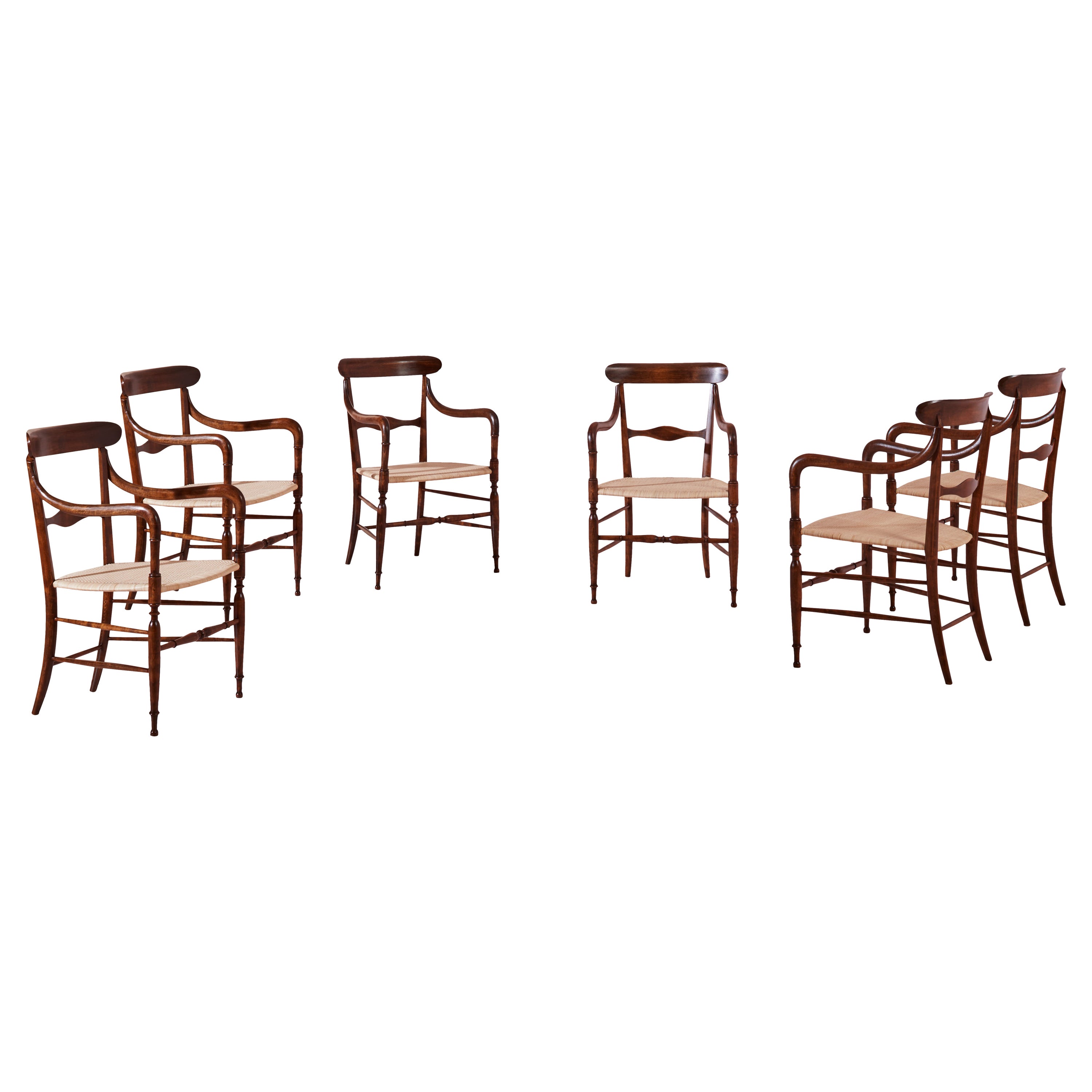 Guido Chiappe Model Campanino Armchairs, Beechwood and Cane, Chiavari 1950s For Sale